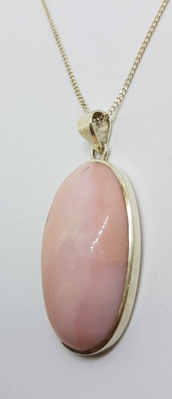 Sterling Silver Large Oval Pink Opal Pendant on Silver Chain