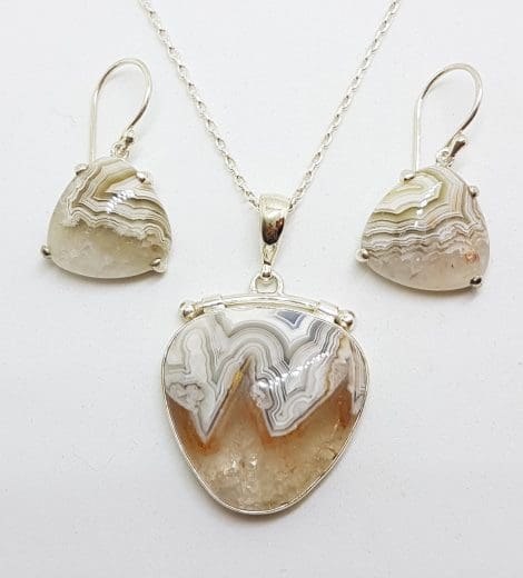 Sterling Silver Crazy Lace Agate Pendant on Silver Chain with Earrings - Set