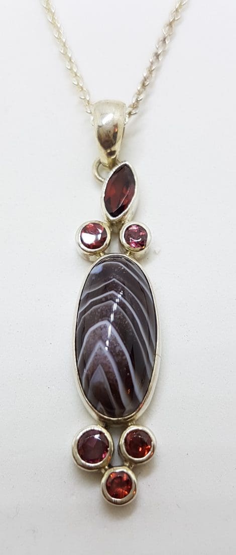 Sterling Silver Oval Cabochon Agate with Garnet Long Pendant on Silver Chain