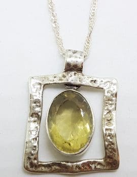 Sterling Silver Oval Citrine in Square Pendant on Silver Chain