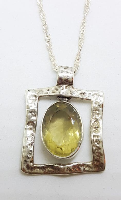 Sterling Silver Oval Citrine in Square Pendant on Silver Chain