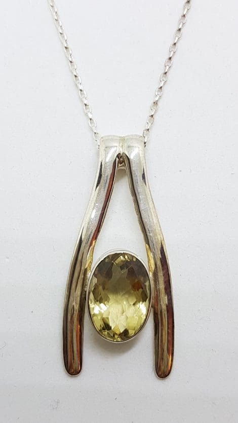 Sterling Silver Large Wishbone Citrine Pendant on Silver Chain