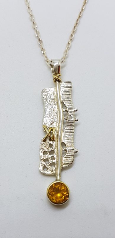 Sterling Silver Citrine Pendant on Chain - with Gold Plated Feature