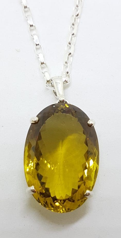 Sterling Silver Large Oval Claw Set Lemon Citrine Pendant on Silver Chain