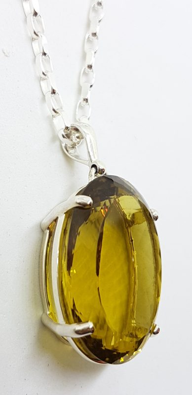 Sterling Silver Large Oval Claw Set Lemon Citrine Pendant on Silver Chain