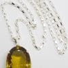 Sterling Silver Large Oval Claw Set Lemon Citrine Pendant on Silver Chain