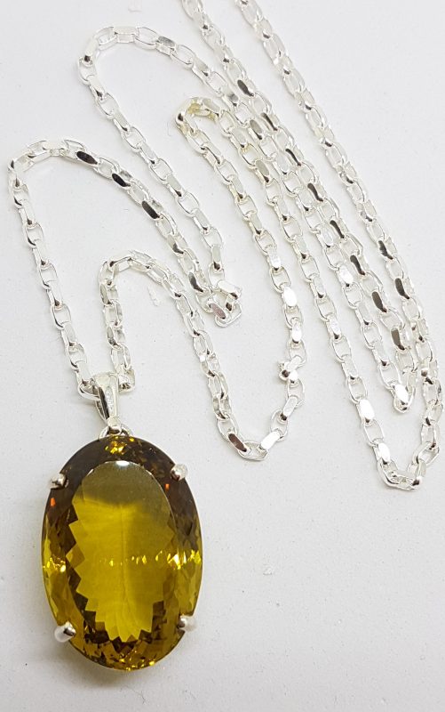 Sterling Silver Large Oval Claw Set Lemon Citrine Pendant on Silver Chain