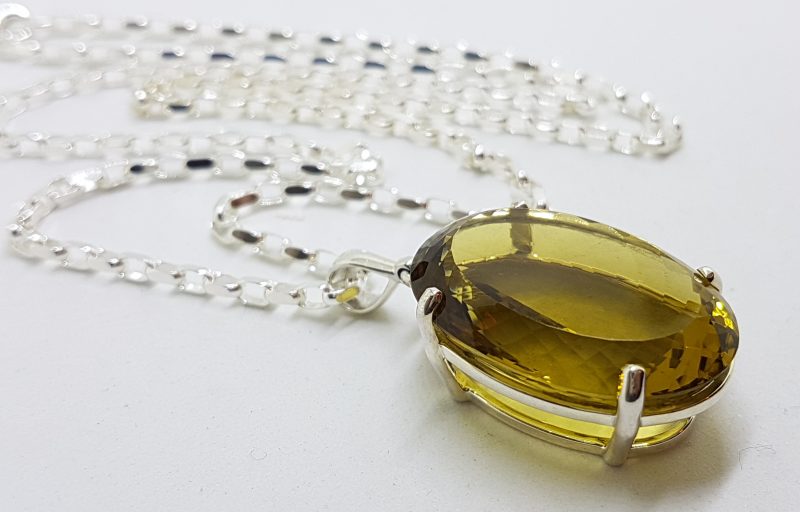 Sterling Silver Large Oval Claw Set Lemon Citrine Pendant on Silver Chain