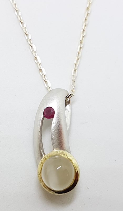 Sterling Silver Matt Finish Moonstone & Ruby Pendant on Silver Chain