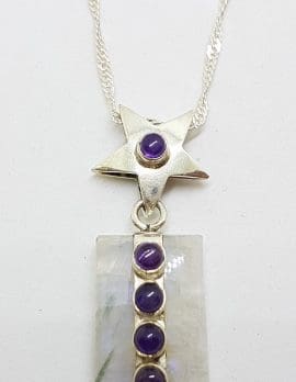 Sterling Silver Large Moonstone & Amethyst Pendant on Silver Chain - Star