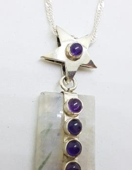 Sterling Silver Large Moonstone & Amethyst Pendant on Silver Chain - Star