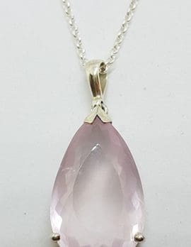 Sterling Silver Large Teardrop Shape Faceted Rose Quartz Pendant on Silver Chain
