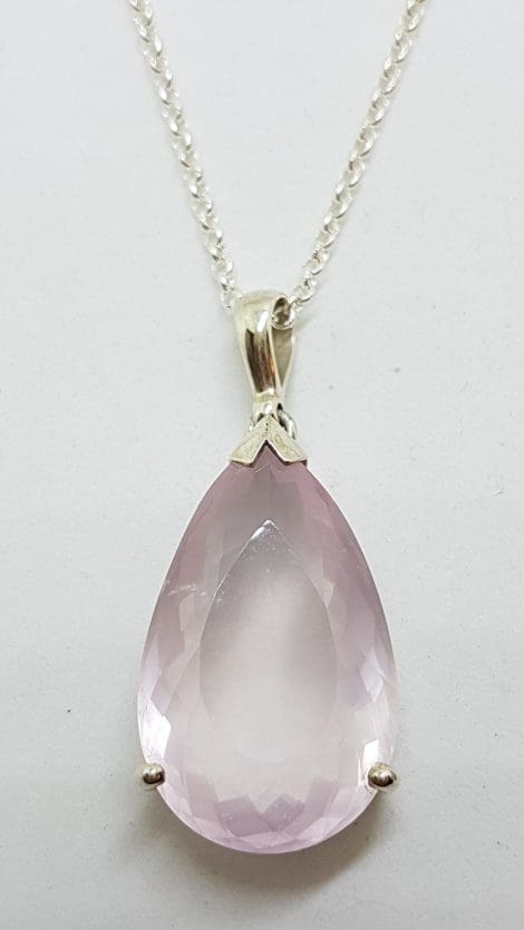 Sterling Silver Large Teardrop Shape Faceted Rose Quartz Pendant on Silver Chain