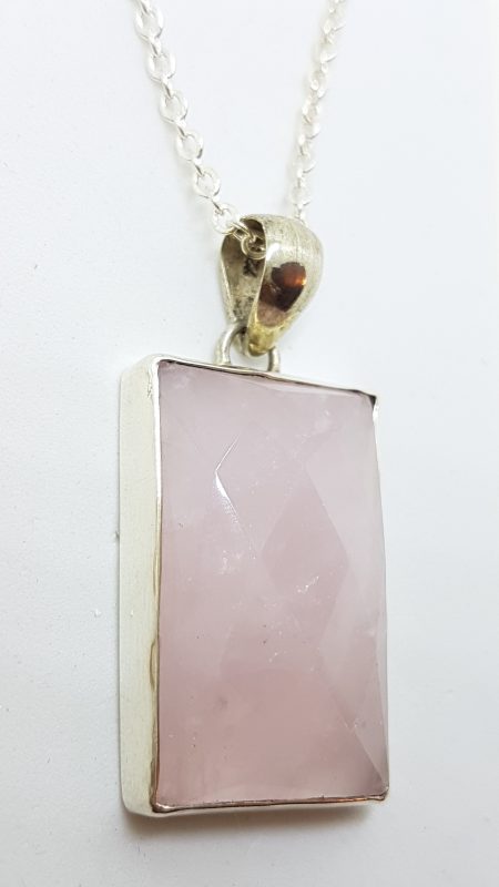 Sterling Silver Rectangular Bezel Set Rose Quartz Pendant on Silver Chain