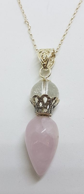 20200610_204434 Sterling Silver Pendulum Shape Rose Quartz with Clear Quartz Pendant on Sterling Silver Chain