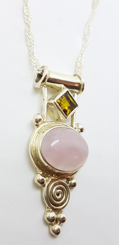 Sterling Silver Cabochon Cut Rose Quartz with Citrine Ornate Pendant on Chain