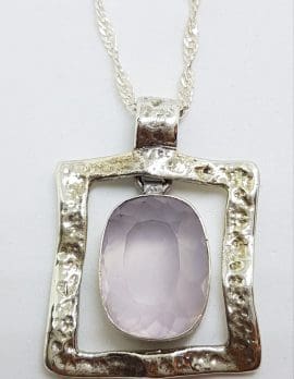 Sterling Silver Square with Oval Rose Quartz Pendant on Silver Chain