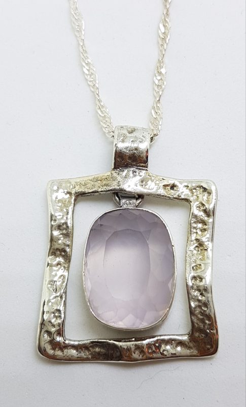 Sterling Silver Square with Oval Rose Quartz Pendant on Silver Chain