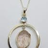Sterling Silver Rough Cut Rose Quartz with Topaz Large Round Drop Pendant on Silver Chain