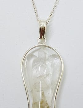 Sterling Silver Clear Crystal Quartz Carved Angel Pendant on Silver Chain