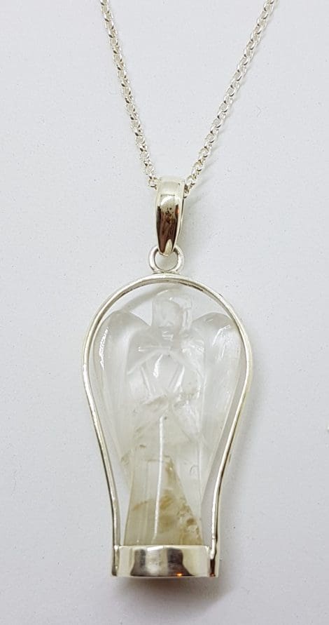 Sterling Silver Clear Crystal Quartz Carved Angel Pendant on Silver Chain