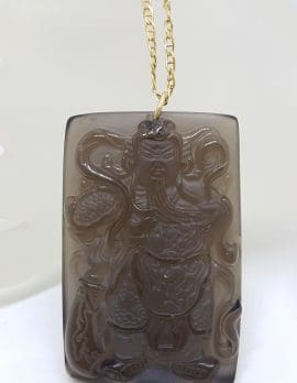 9ct Yellow Gold Large Rectangular Black Obsidian Buddha Pendant on Gold Chain