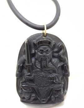 9ct Yellow Gold Large Black Obsidian Buddha Pendant on Gold Clasped Neoprene Chain