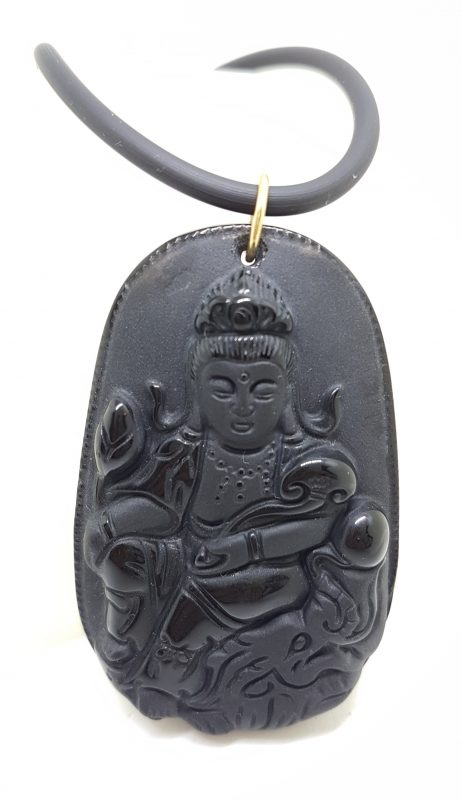 9ct Yellow Gold Large Black Obsidian Buddha/Goddess Pendant on Gold Clasped Neoprene Chain