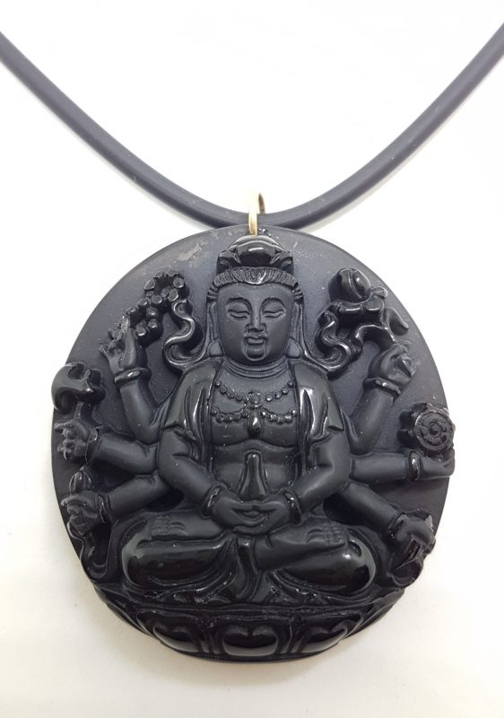 9ct Yellow Gold Large Black Obsidian Durga Goddess Pendant on Gold Clasped Neoprene Chain