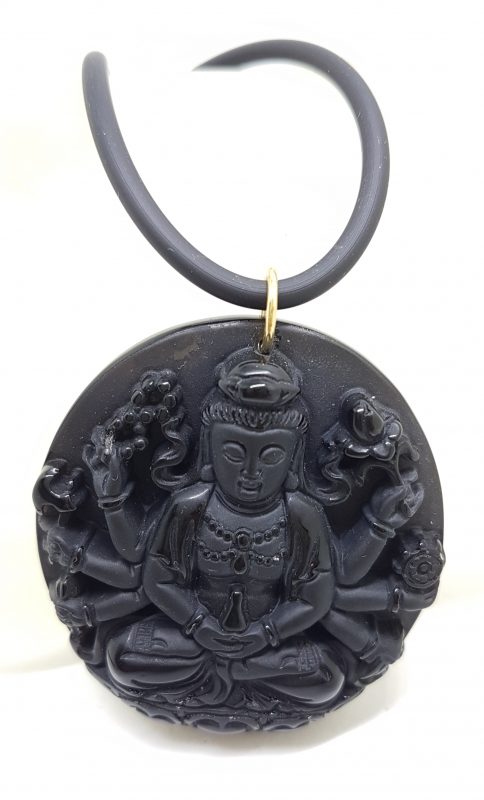 9ct Yellow Gold Large Black Obsidian Durga Goddess Pendant on Gold Clasped Neoprene Chain