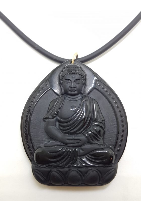 20200611_114347 9ct Yellow Gold Large Black Obsidian Buddha/Goddess Pendant on Gold Clasped Neoprene Chain