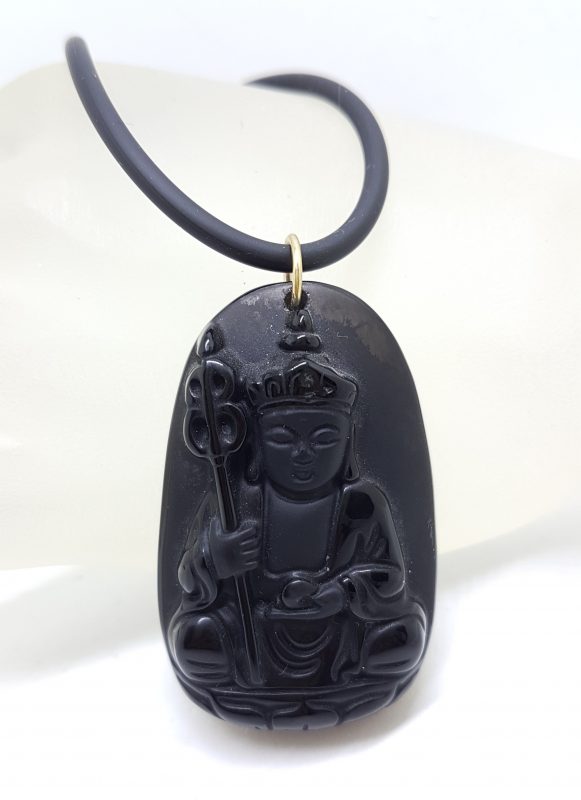 9ct Yellow Gold Large Black Obsidian Pendant on Gold Clasped Neoprene Chain