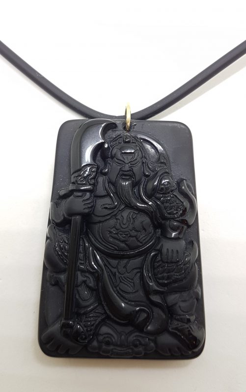 9ct Yellow Gold Large Rectangular Black Obsidian Pendant on Gold Clasped Neoprene Chain