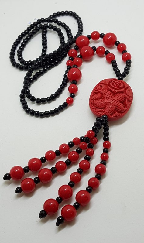 Cinnabar & Black Ornate Long Tassel Necklace