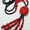 Cinnabar & Black Ornate Long Tassel Necklace