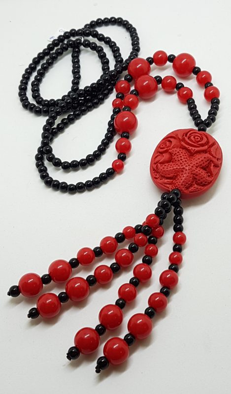 Cinnabar & Black Ornate Long Tassel Necklace