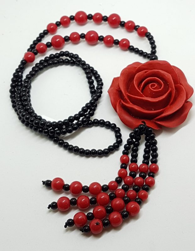 Cinnabar & Black Large Rose Long Tassel Necklace