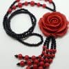 Cinnabar & Black Large Rose Long Tassel Necklace