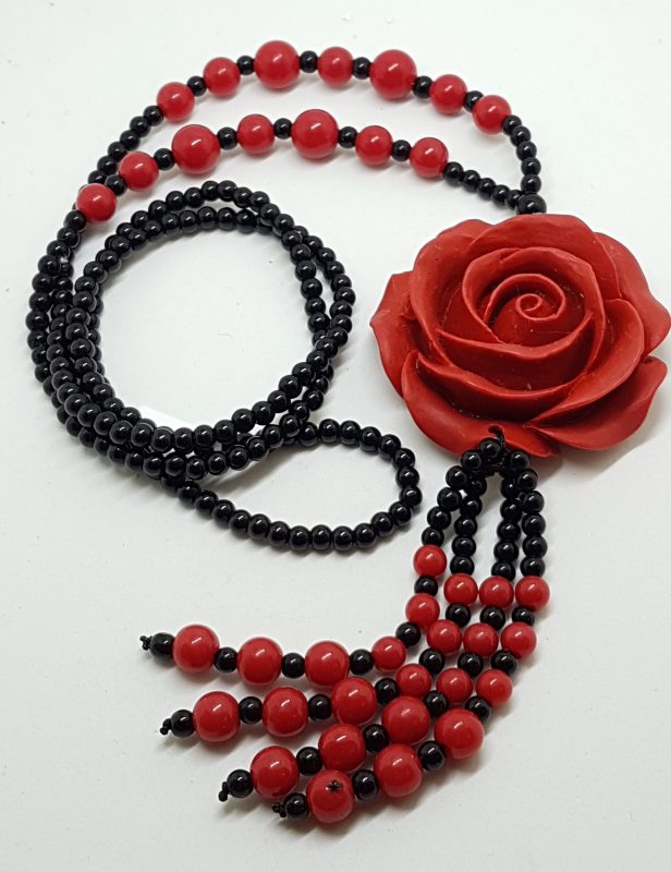 Cinnabar & Black Large Rose Long Tassel Necklace