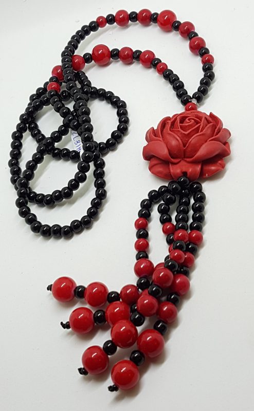 Cinnabar & Black Large Rose Long Tassel Necklace