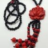 Cinnabar & Black Large Rose Long Tassel Necklace