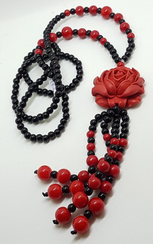 Cinnabar & Black Large Rose Long Tassel Necklace