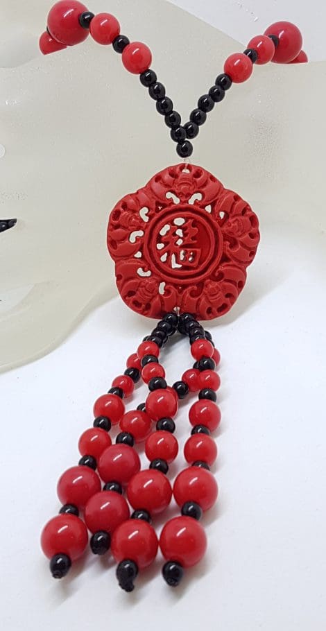 Cinnabar & Black Ornate Long Tassel Necklace