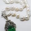 Sterling Silver Large Marcasite Green Cartier Inspired Cat / Panther Enhancer Pendant on Long Baroque Pearl Necklace/Chain