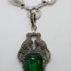 Sterling Silver Large Marcasite Green Cartier Inspired Cat / Panther Enhancer Pendant on Long Baroque Pearl Necklace/Chain
