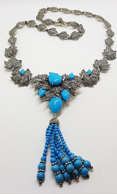 20200611_123606 Stunning Sterling Silver Large and Long Reconstituted Turquoise and Marcasite Ornate Collier Drop Necklace / Chain