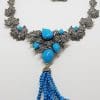 Stunning Sterling Silver Large and Long Reconstituted Turquoise and Marcasite Ornate Collier Drop Necklace / Chain