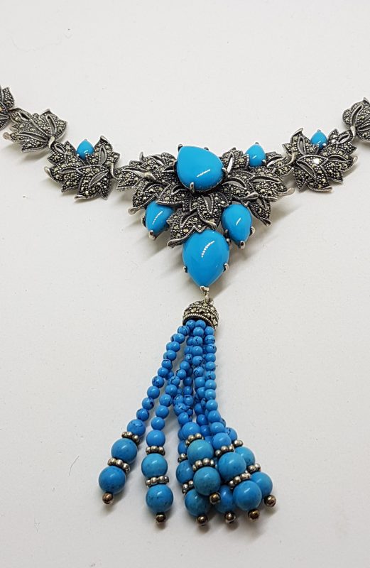 20200611_123647 Stunning Sterling Silver Large and Long Reconstituted Turquoise and Marcasite Ornate Collier Drop Necklace / Chain