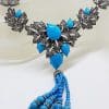 Stunning Sterling Silver Large and Long Reconstituted Turquoise and Marcasite Ornate Collier Drop Necklace / Chain