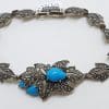 Stunning Sterling Silver Large and Long Reconstituted Turquoise and Marcasite Ornate Bracelet